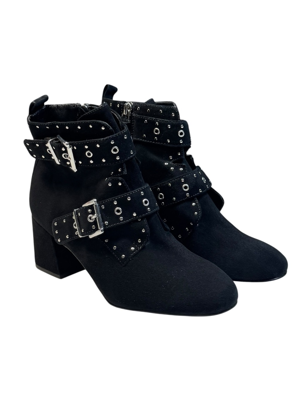 Rebecca Minkoff Logan Studded Black Suede Booties Boots Silver Buckles Size 7 M